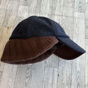 Ear-Flap Hat Blue Wool brown cableknit plaid flannel lined S/M‎ Gap Vintage